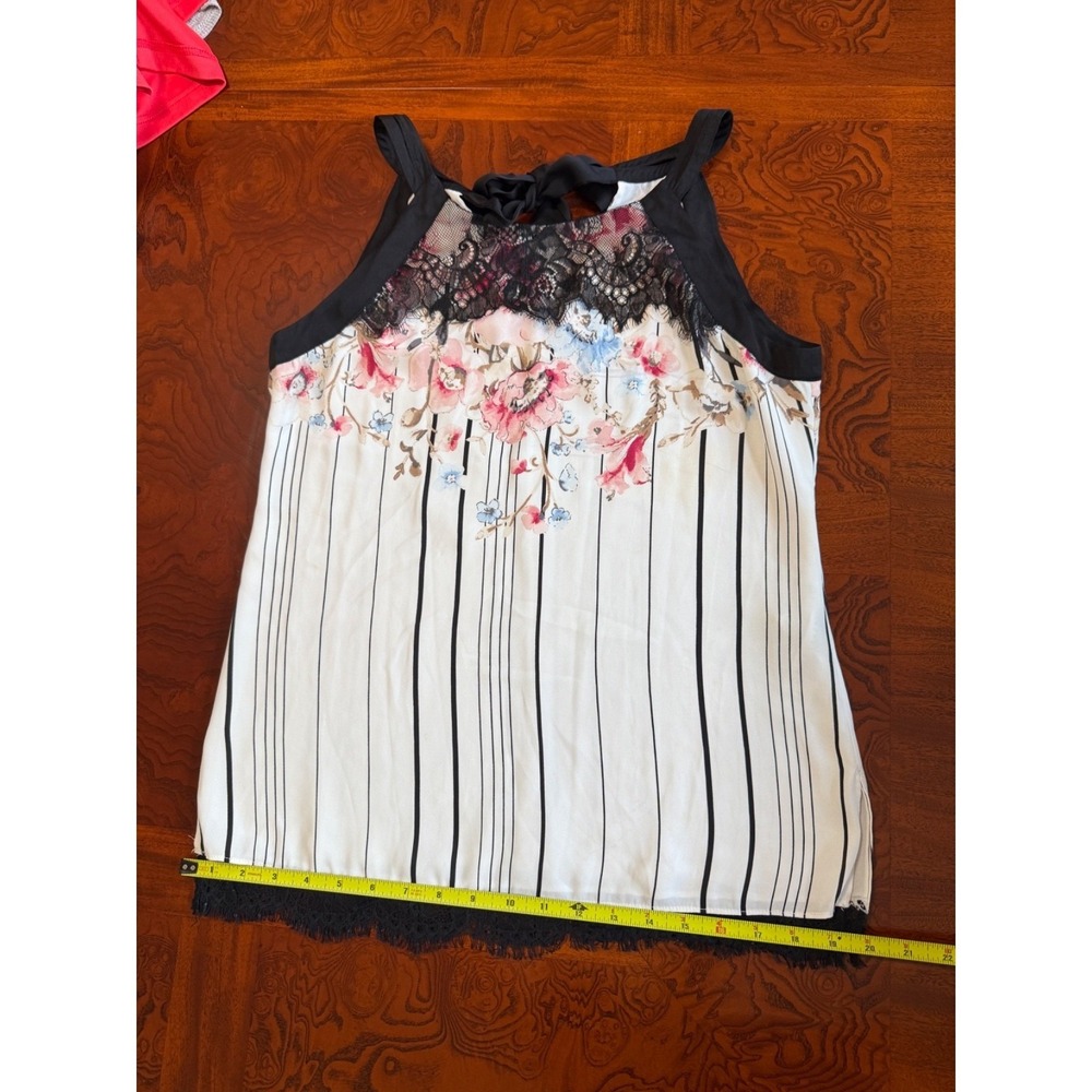 WHBM Thistle Floral Striped Lace Tie Neck Top Blouse Shell 4 Career Feminine - Picture 6 of 12